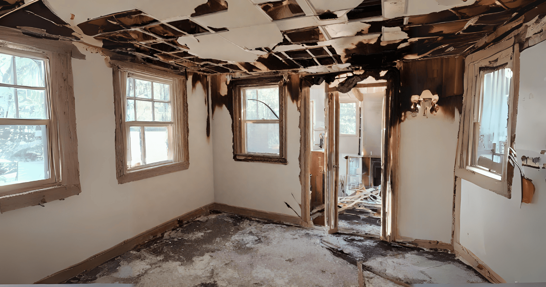 Charred interior of a Chicago commercial space after a fire